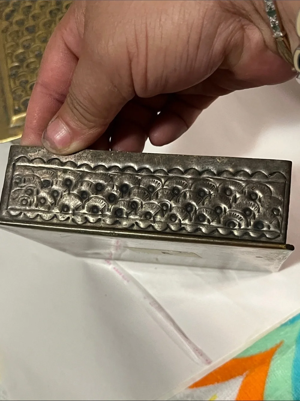 Antique Gold and Tan Embossed Metal Vanity Slide Box